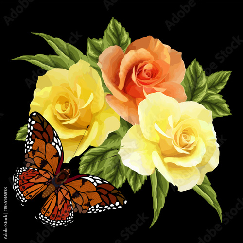 Multicolored roses and butterfly on a black background.Black background with a bouquet of multi-colored roses and a bright butterfly in vector illustration.