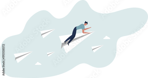 businessman standing on leading flying paper airplane origami pointing finger to the direction to reach goal.person's life situation and his activities.