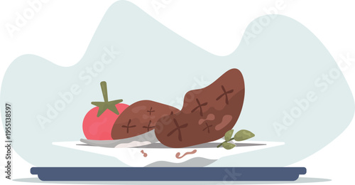 Grilled rib on plate with tomato and greens garnish vector illustration