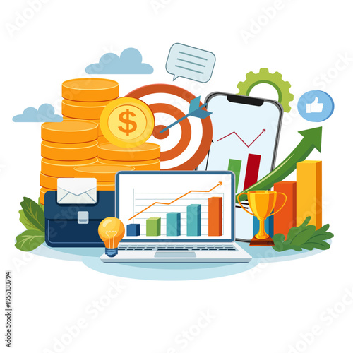 Business Growth and Financial Success Concept with Charts, Target, and Mobile Analytics