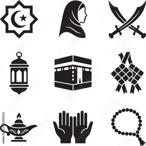 Set of Islamic Religious Symbols and Icons for Hajj and Ramadan