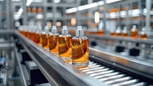 Transparent liquid soap bottles on conveyor automated production cosmetic factory concept