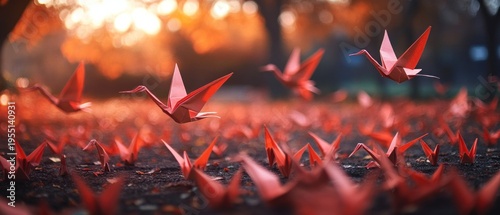 Origami cranes flight peace celebration red paper birds asian symbol art culture
