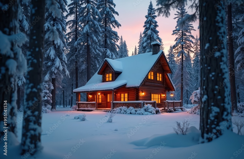 Obraz premium Wooden log cabin glows warm orange light in snowy winter forest. Tall pine trees covered in snow surround peaceful remote house. Evening twilight sky sets tranquil holiday mood. Christmas season