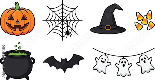Spooky Halloween decorations include pumpkin, witch hat, ghosts, and spider web indoors.