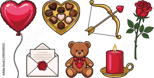 A romantic scene with heart-shaped chocolates, a teddy bear, and a red rose, surrounded by symbols of love.