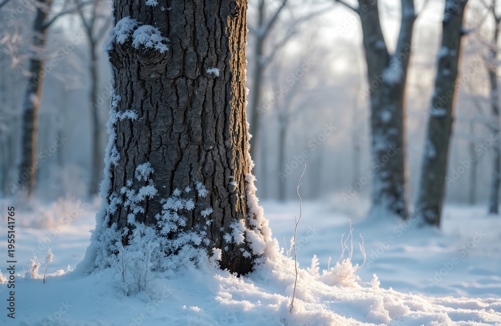 Obraz premium Close up of a snow-covered tree trunk in a winter forest. Frost crystals cover the rough bark and surrounding snow. Peaceful cold landscape with soft light in background.