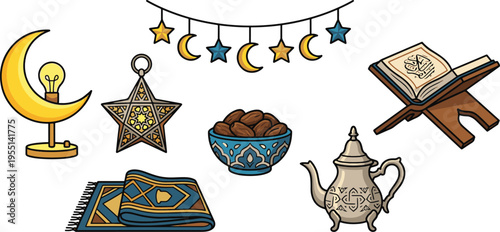 Ramadan decorations include crescent moon star dates Quran and tea on a table indoors