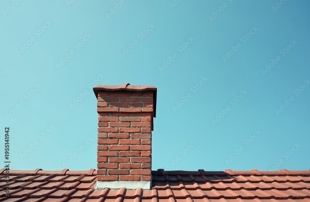 Naklejka premium Brick chimney on tiled roof against clear blue sky. Residential house exterior detail. Roof tiles cover building structure. Minimalist architecture background.