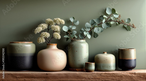 Ceramic Vases with Eucalyptus on Wooden Shelf