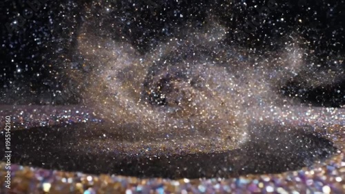 Abstract Glitter Swirl Explosion With Golden Dust Rising Against a Sparkling Black Background