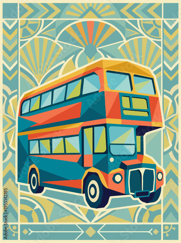 Double decker bus illustration with art deco frame