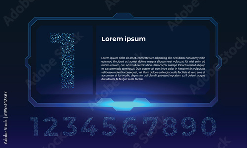 Futuristic infographic: numbers 0-9 in a tech style on a glassmorphism panel. For counting or enumerating items in infographics with holographic glowing effects and gradients. UI, technology, fintech