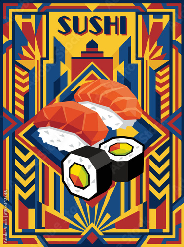 Geometric sushi poster with nigiri and maki