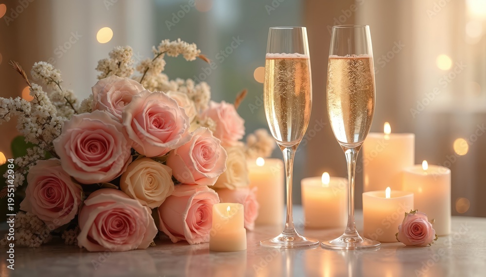 Naklejka premium Two champagne glasses stand with pink roses and lit candles. Soft glowing lights create romantic festive mood. Perfect for celebrations and special events.