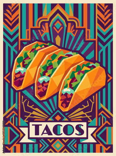 Three taco illustration with geometric banner and tacos label