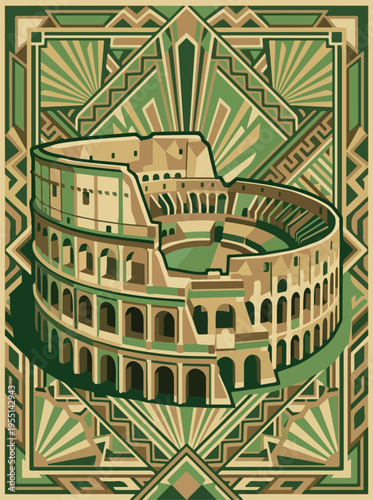 Colosseum geometric landmark illustration with green art deco border