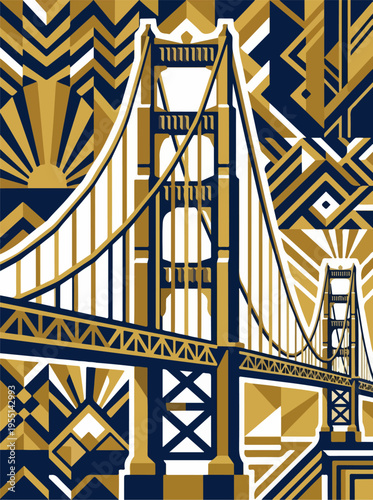 Golden Gate Bridge geometric poster illustration with suspension cables
