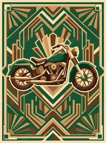 Green cruiser motorcycle illustration in framed geometric poster