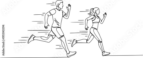 Running man and woman, isolated vector illustration in continuous line drawing style. Run, side view. Silhouettes of athletic looking male and female runners running. Transparent EPS version.