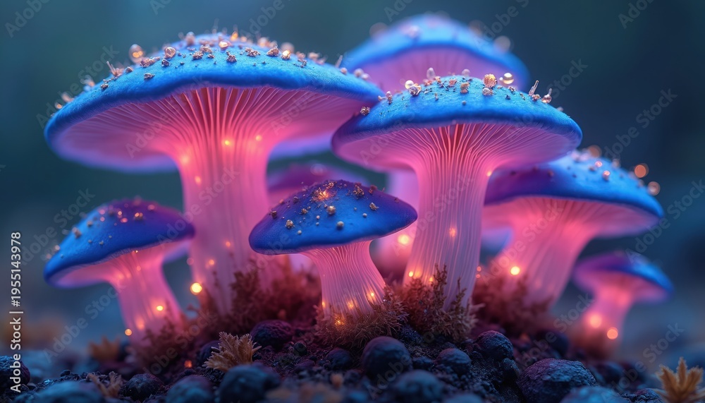 Fototapeta premium Bioluminescent blue mushrooms glow with pink light in dark forest floor. Small glowing particles float around magical fungi, creating an enchanted atmosphere.