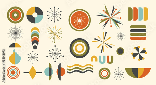 Retro atomic midcentury modern design with geometric shapes suitable for graphic design projects and vintagethemed marketing materials.