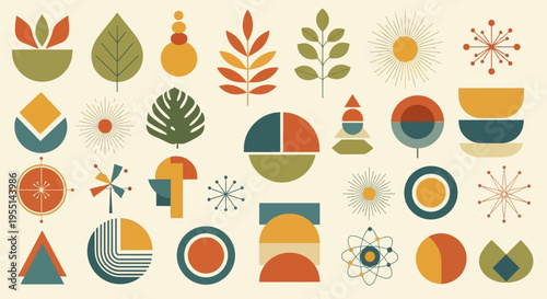 Many stylized geometric botanical shapes in muted retro colors suitable for modern designs, abstract patterns, and vintageinspired branding projects.