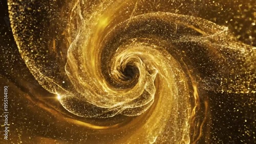 Abstract golden swirl tunnel with shimmering particles, elegant and captivating motion graphics for energy, and space exploration