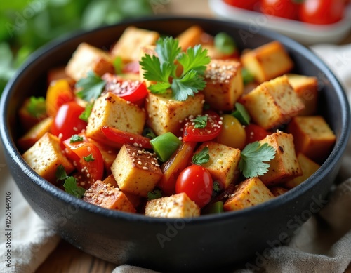 Crispy seasoned tofu cubes mixed with vibrant cherry tomatoes, bell peppers, and fresh cilantro in a black bowl. This healthy plant based dish is perfect for vegan meals.
