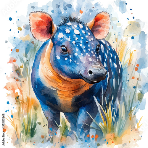 watercolor of Brazilian Tapir draw, isolated on a white background.