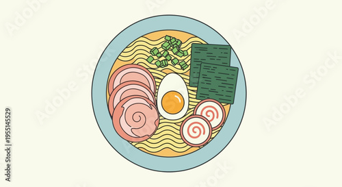 Top view of ramen noodle soup with various ingredients