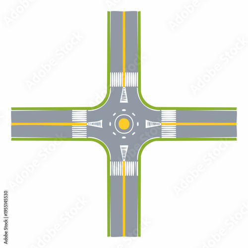 Top down view of a modern roundabout road intersection