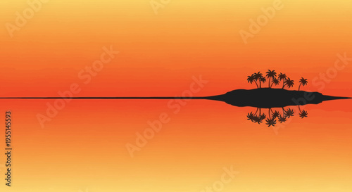 Tropical island silhouette with palm trees and water reflection at sunset