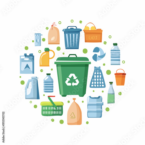 Various recyclable waste items with green recycling bin