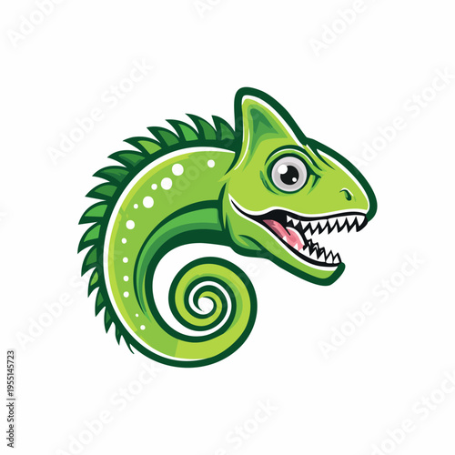 Vibrant green chameleon head mascot with open mouth