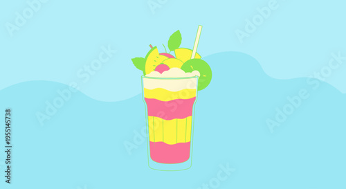 Vibrant layered fruit drink with straw on summer blue background