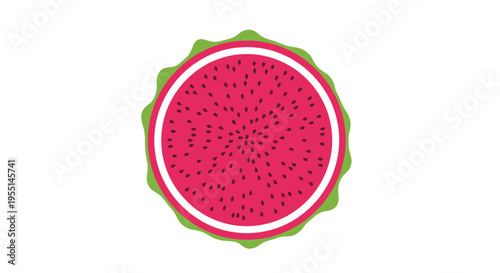 Vibrant pink dragon fruit slice with black seeds