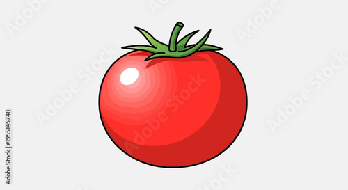 Vibrant red cartoon tomato with green stem and leaves illustration