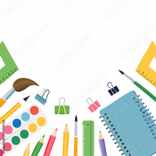 Vibrant stationery and art tools border frame on white