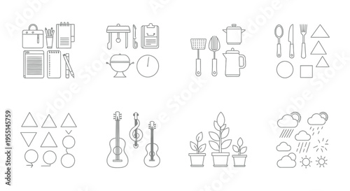 Collection of simple line icons featuring kitchenware office supplies and nature