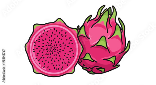 Vibrant whole and sliced dragon fruit on white background