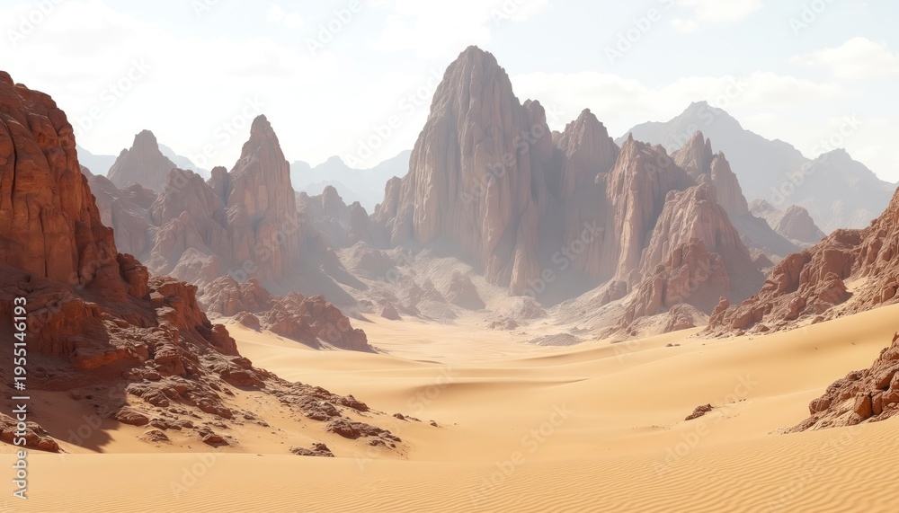 Naklejka premium Vast desert landscape with towering rocky mountains under a hazy sky. Sand dunes show ripple patterns from wind. Arid terrain stretches towards distant peaks.