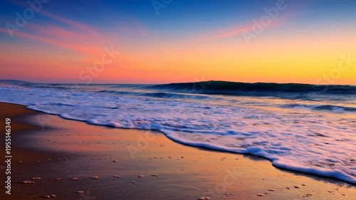 Colorful beach sunrise or sunset with waves and golden sand in a serene nature scene