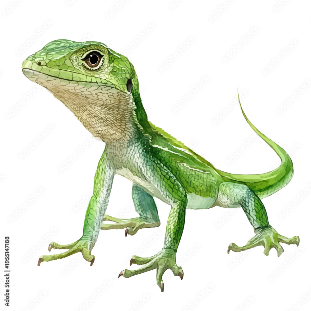 Fototapeta premium Anole Lizard, vibrant painting vector in watercolor style with playful brushwork and lively colors, isolated on a white background.