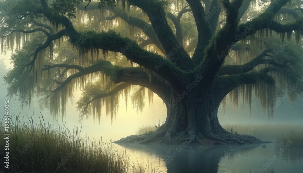 Obraz premium Giant oak tree covered in moss stands in water. Thick fog surrounds ancient plant with hanging branches. Tall grass grows near calm river. Nature landscape.