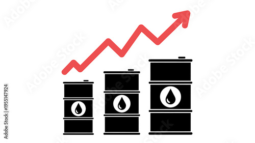 Increasing oil prices graph with barrels and rising red arrow