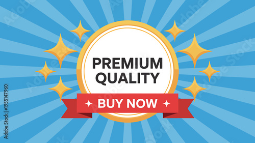 Premium quality buy now badge with gold stars on blue background
