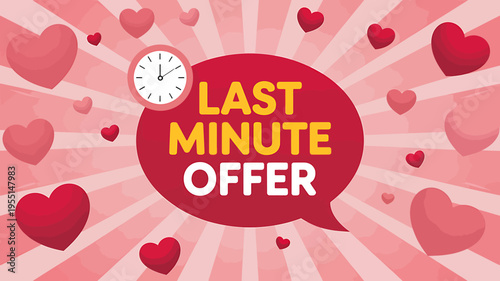 Last minute offer with hearts and clock on pink background