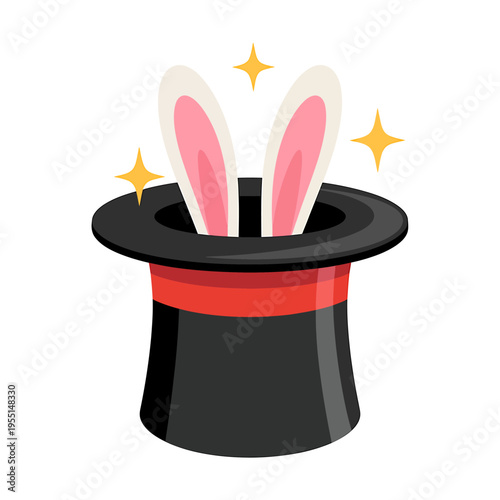 Cartoon illustration of rabbit ears coming out of magic hat with sparkles