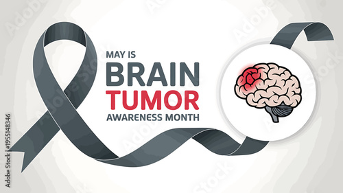 Brain tumor awareness month grey ribbon and brain illustration on white background